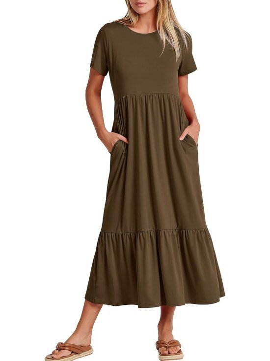 Dresses & Skirts - Women's Coffee Summer Casual Maxi Dress A line Tiered Short Sleeve Crewneck